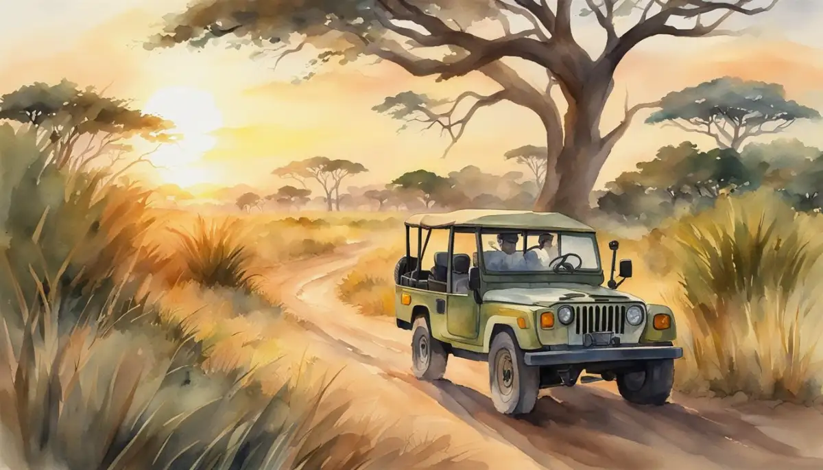 A safari jeep drives through the African savanna, surrounded by lush vegetation and wildlife. The sun sets in the distance, casting a warm glow over the landscape