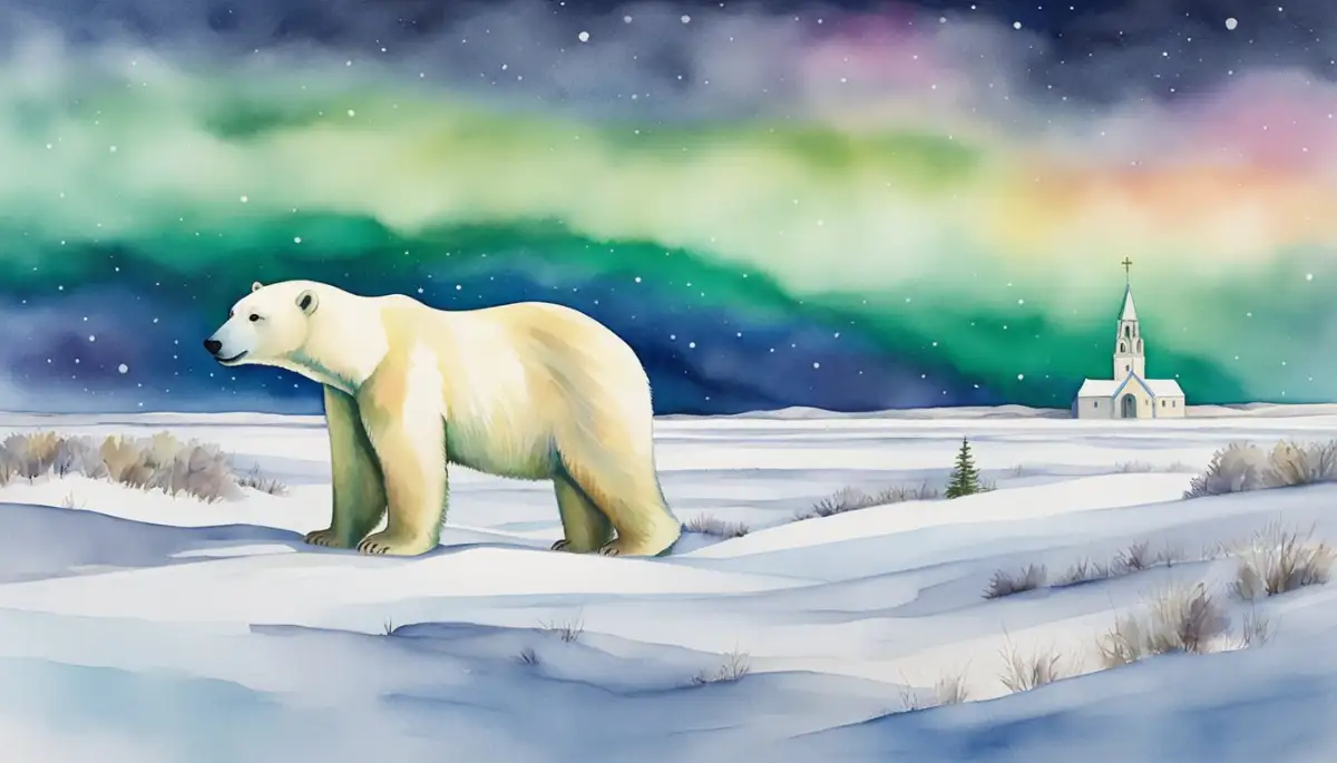 A polar bear roams the snowy tundra near Churchill, Manitoba. The iconic Churchill church stands tall against the backdrop of the northern lights