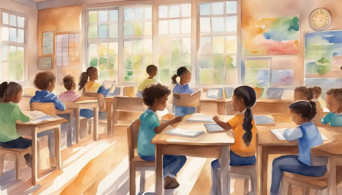 A colorful classroom with students engaged in interactive activities, books, and laptops. A clock on the wall shows the passing time. Sunlight streams through the window, creating a warm and inviting atmosphere