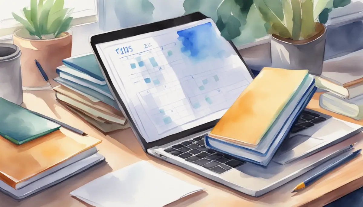 A stack of textbooks and study materials on a desk, with a laptop open to an online course. A calendar with dates circled, indicating a fast-paced academic schedule