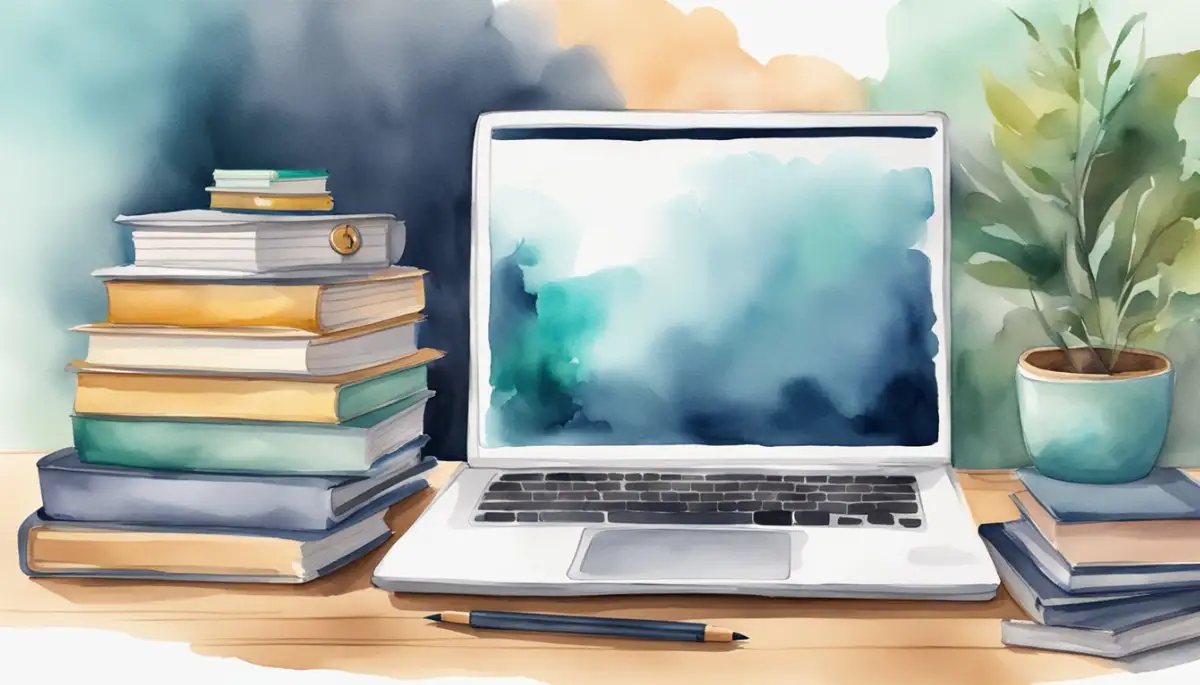 A laptop open on a desk, surrounded by books and notes. A clock on the wall ticking away. Online learning platform tabs open on the screen