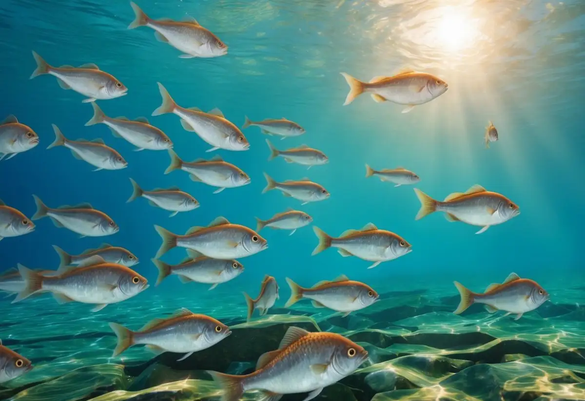 A school of transparent fish swimming through a clear, sunlit stream