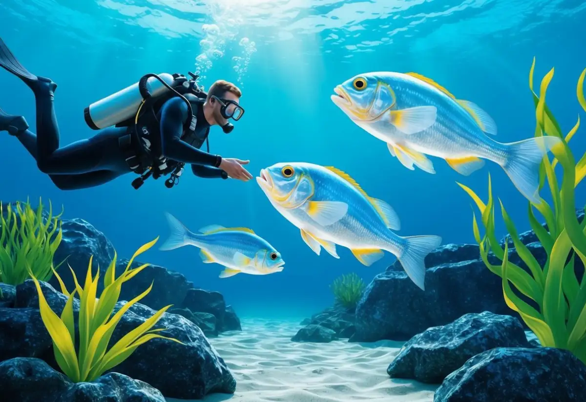 A diver observing transparent fish in a clear, sunlit underwater environment, surrounded by aquatic plants and rocks