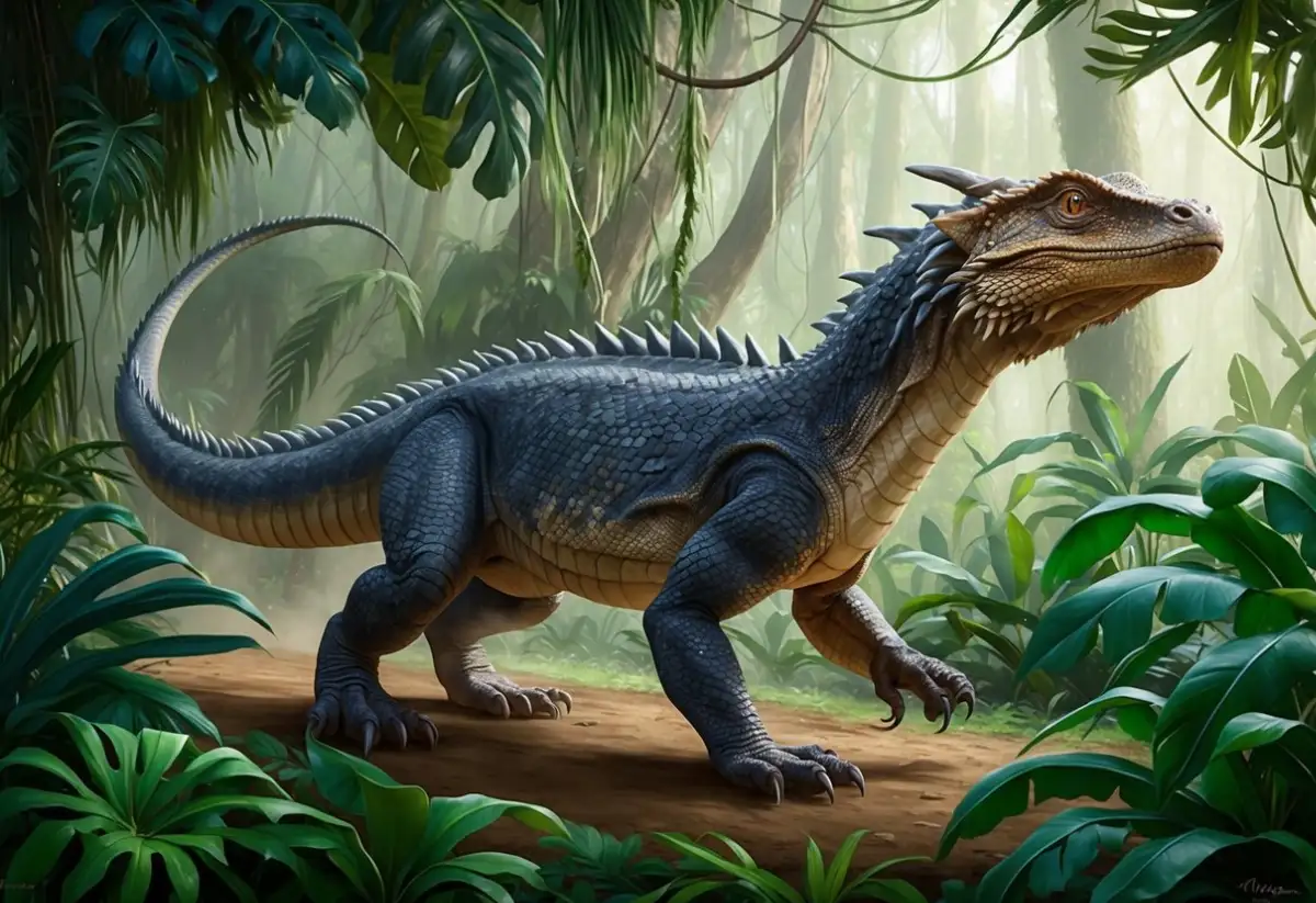 A Komodo dragon prowls through dense jungle foliage, its powerful tail trailing behind as it surveys its territory with piercing, intelligent eyes