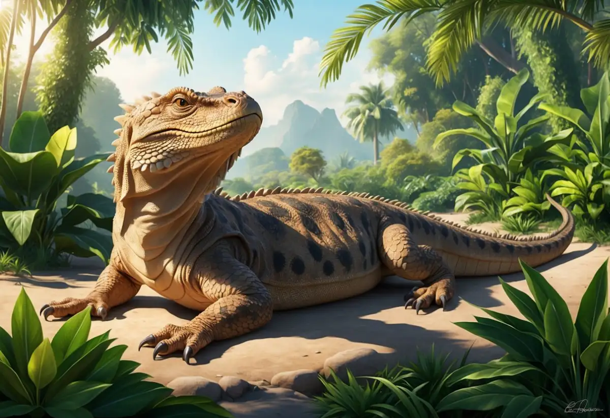 A majestic komodo dragon basks in the warm sunlight of its natural habitat, surrounded by lush green vegetation and a tranquil atmosphere