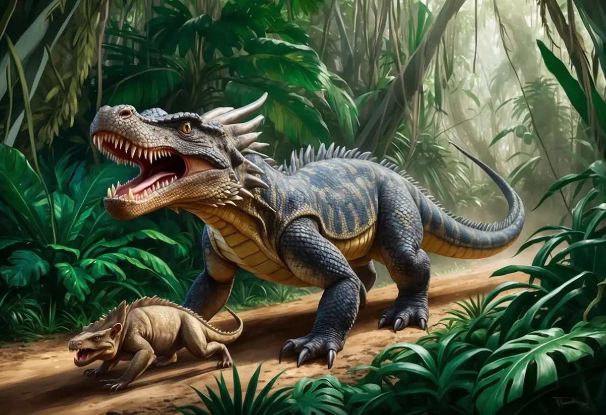 A komodo dragon stalks its prey through the dense jungle, its powerful jaws and sharp teeth ready to strike
